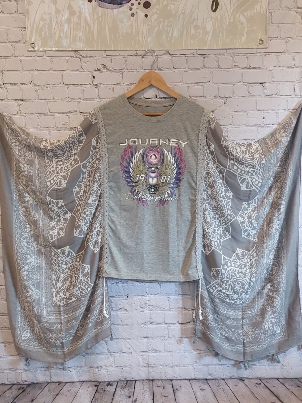 Upcycled Kantha Rock T Shirt Gray White Poncho Top with Drawstrings